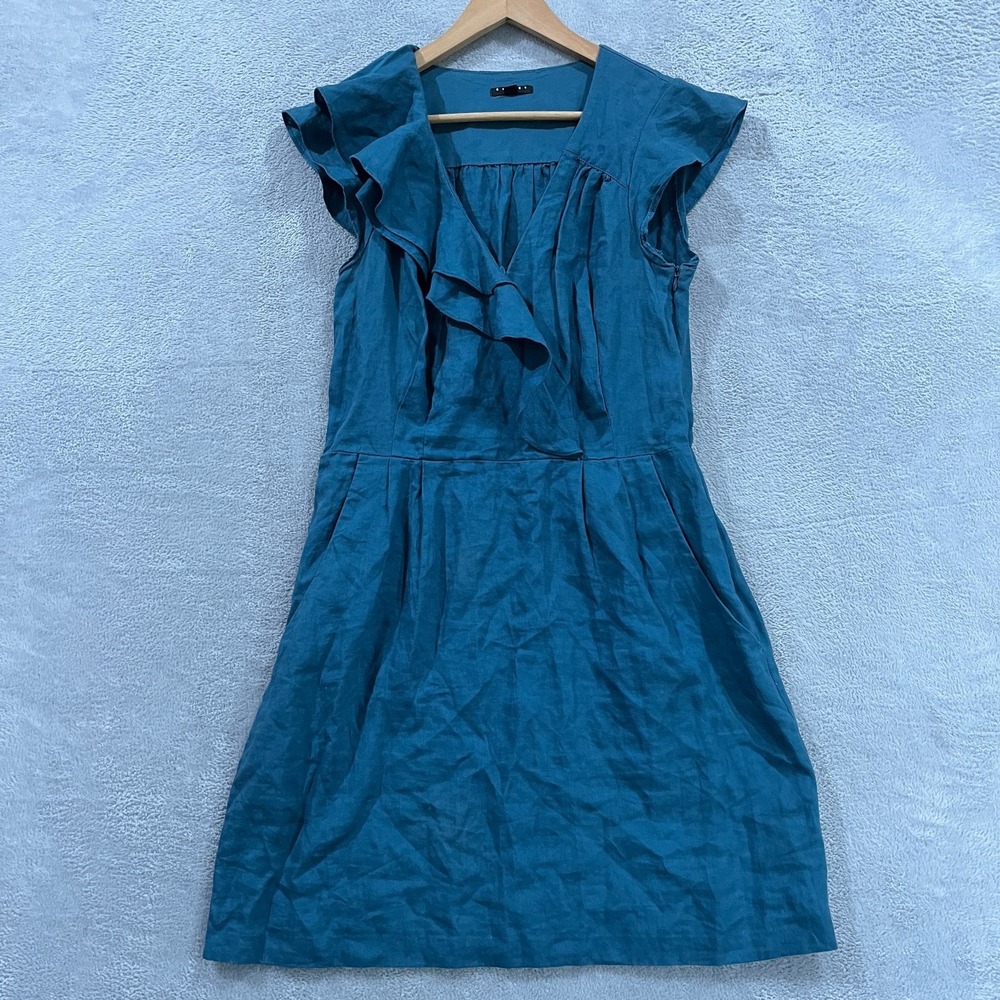 Sisley Linen Dress Women's US Medium Teal Flutter Sleeve V-Neck Pockets